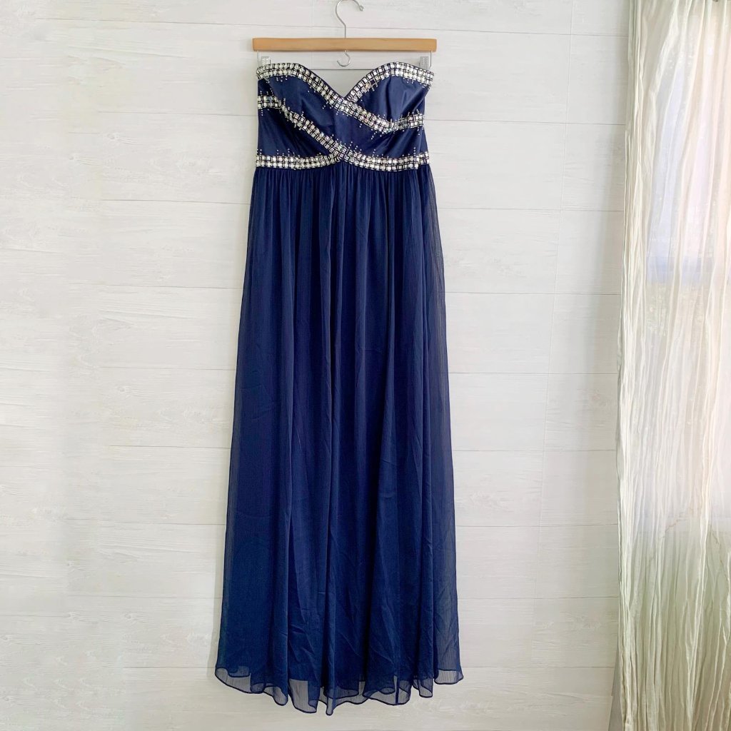 *Flaw Nwt Coast - Arabella Maxi Dress Navy Strapless Beaded Rhinestones Size 14